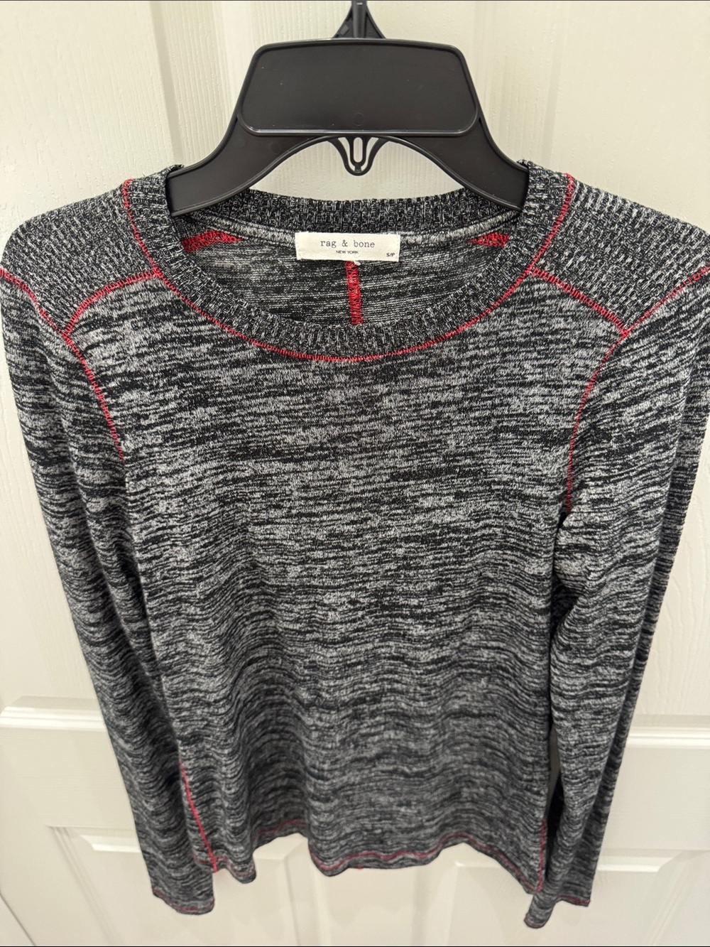 rag & bone Gray Marled Crew Sweatshirt with Red Contrast Stitching